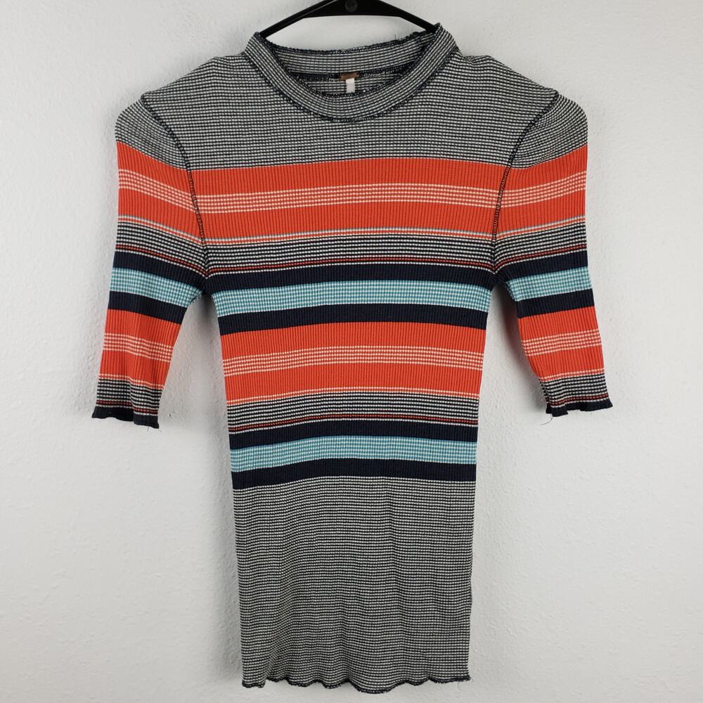 Free People Women's XS Donnas Super Stretch Layering Tee Ribbed Stripe Mock Neck